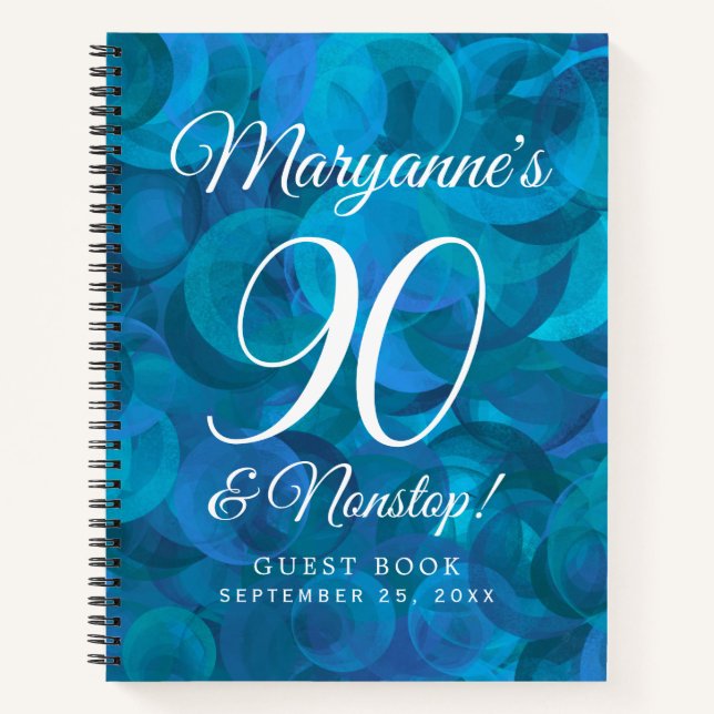 Elegant Ocean Blue 90 and Nonstop Birthday Party Notebook (Front)