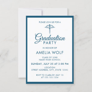 Elegant Ocean Blue Caduceus Pharmacist Graduation Invitation