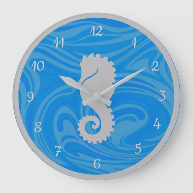 Elegant Ocean Blue Seahorse Silver  Large Clock (Front)