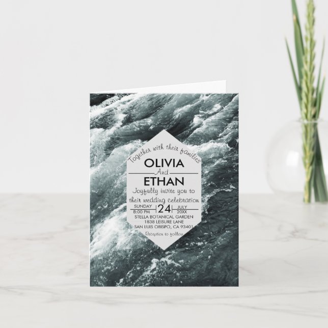 Elegant ocean blue waves Folded Wedding Invitation (Front)