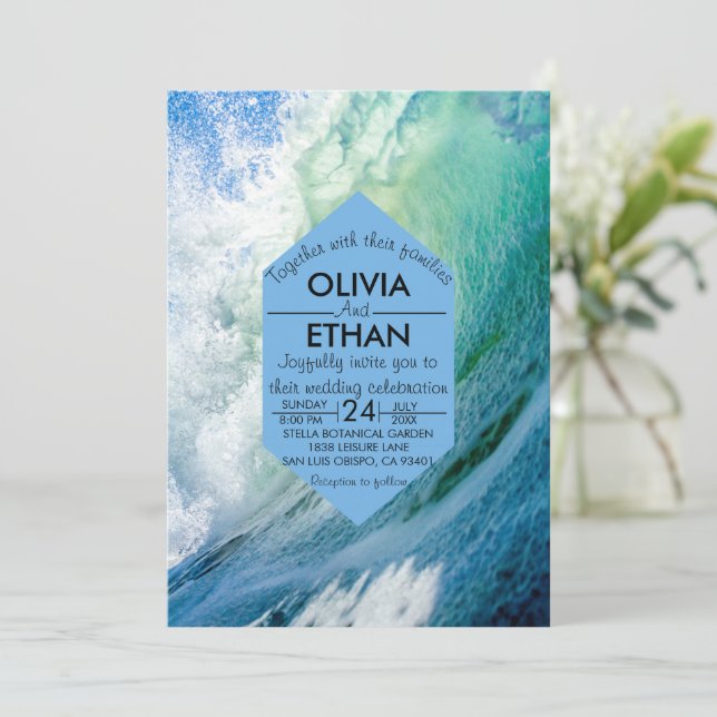 Elegant Ocean Blue Waves Summer Beach Wedding Invitation (Standing Front)