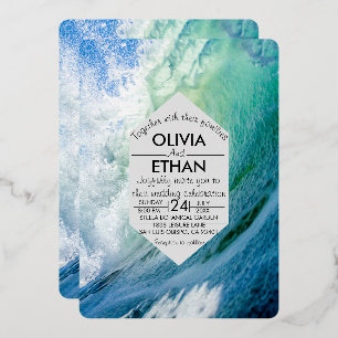Elegant ocean blue waves Wedding Foil Invitation
