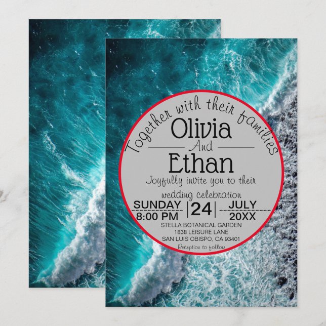 Elegant ocean blue waves Wedding Invitation (Front/Back)