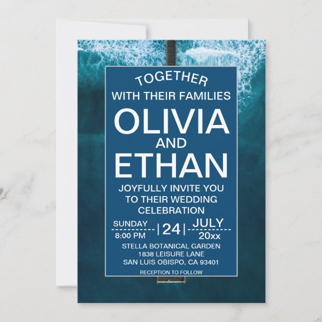 Elegant ocean blue waves Wedding Invitation (Front)