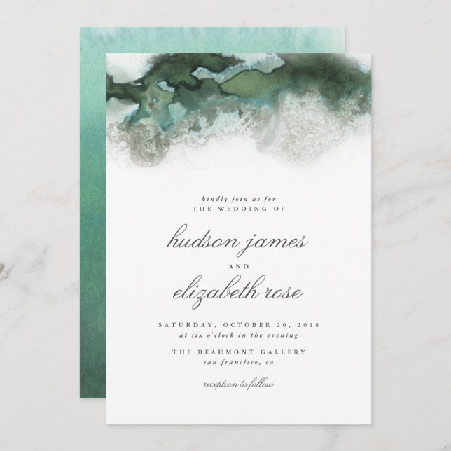 Elegant Ocean Green Ombre Watercolor Wedding Invitation (Front/Back)
