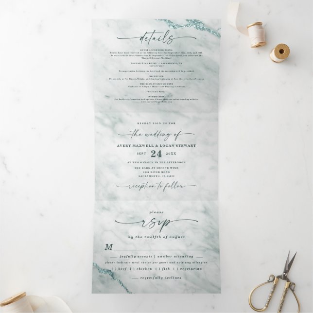 Elegant Ocean Teal Aqua Marble with Foil Wedding Tri-Fold Invitation (Inside)