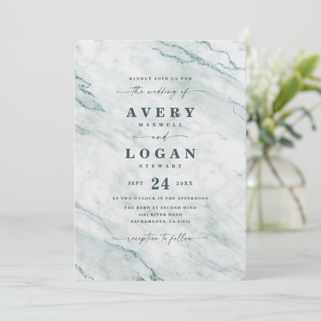 Elegant Ocean teal Aqua Metallic Marble Wedding Invitation (Standing Front)