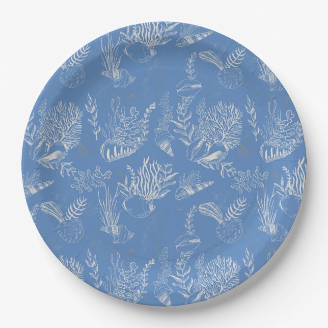 Elegant oceane blue toile paper plate (Front)
