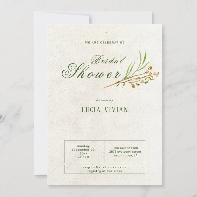 Elegant ochre Cream Green Rustic Bridal Shower Invitation (Front)