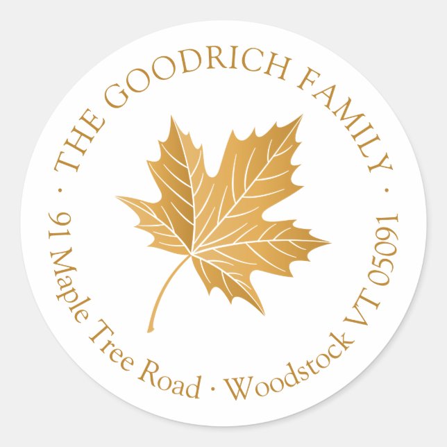 Elegant Ochre Maple Leaf Return Address Classic Round Sticker (Front)