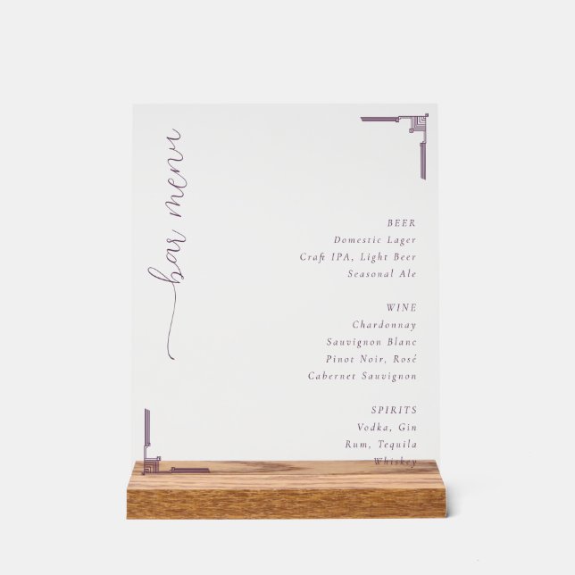 Elegant Off-White Bar Menu Acrylic Sign (Front)