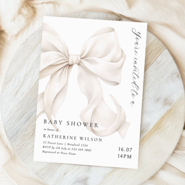 Elegant Off White Bow Baby Shower Invitation (Creator Uploaded)