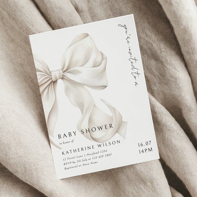 Elegant Off White Bow Baby Shower Invitation (Creator Uploaded)