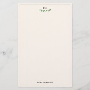 Elegant Off White Brown Green Greenery Monogram Stationery