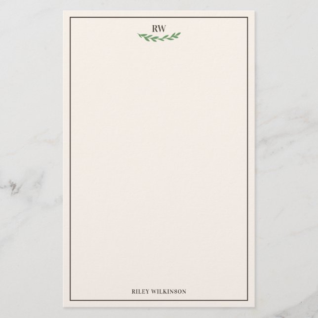 Elegant Off White Brown Green Greenery Monogram Stationery (Front)