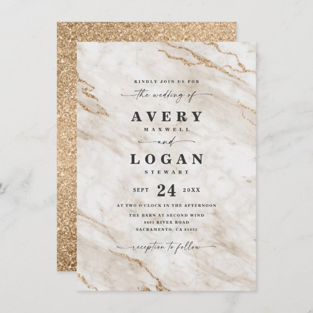 Elegant Off White & Gold Marble & Glitter Wedding Invitation (Front/Back)