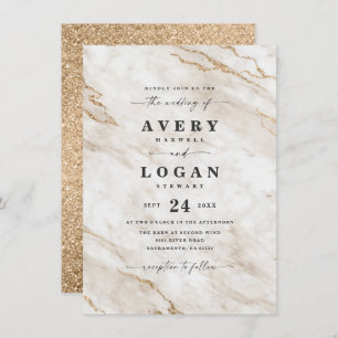 Elegant Off White & Gold Marble & Glitter Wedding Invitation