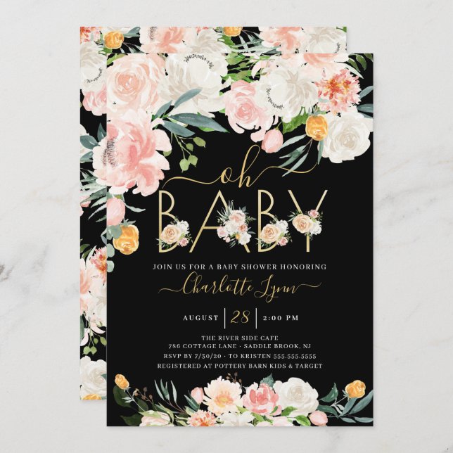 Elegant Oh Baby Blush Pink Gold Floral Baby Shower Invitation (Front/Back)