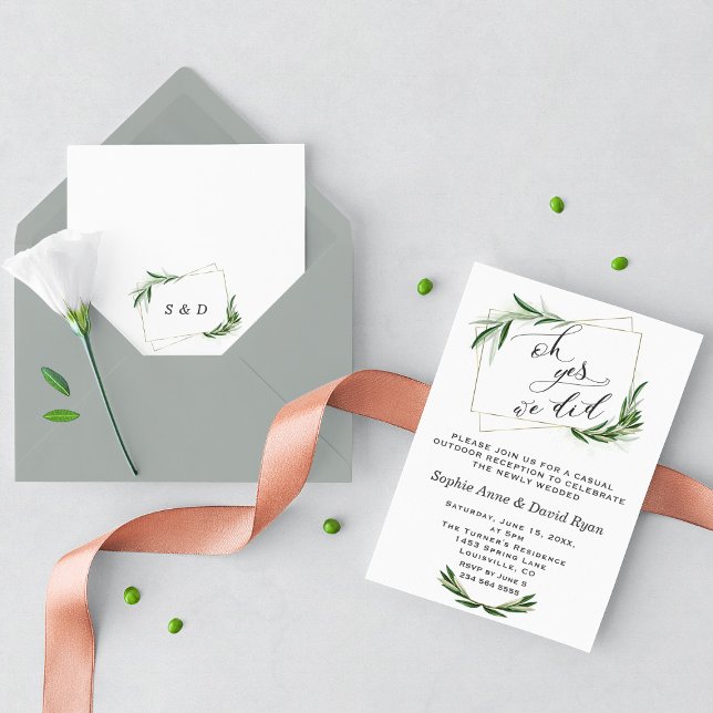 Elegant Oh Yes We Did Olive Gold Wedding Invitation (Oh yes, we did invitation, after wedding party greenery wedding invitation)