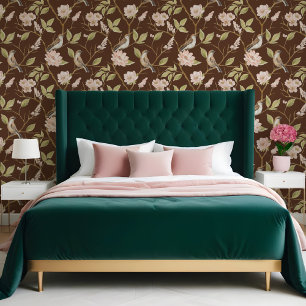 Elegant Oil Painting Bird & Branch Pink Floral Wallpaper