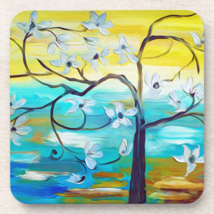 Elegant Oil Painting of a White Flowering Tree Coaster