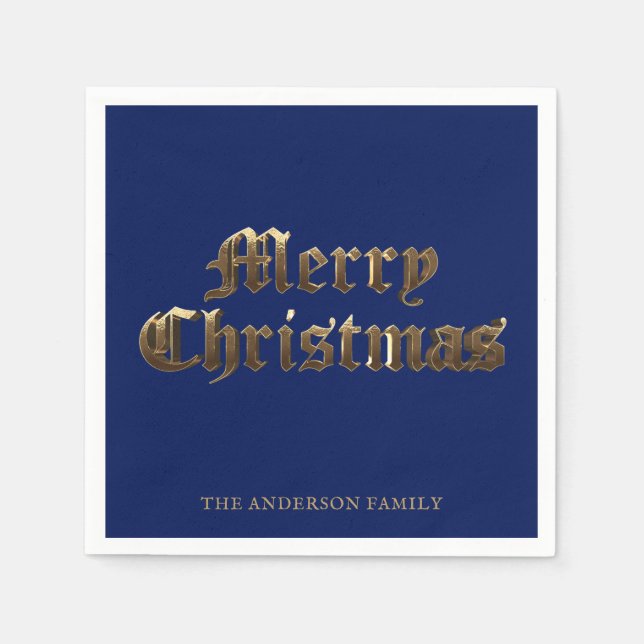 Elegant Old English Lettering Blue Merry Christmas Napkin (Front)