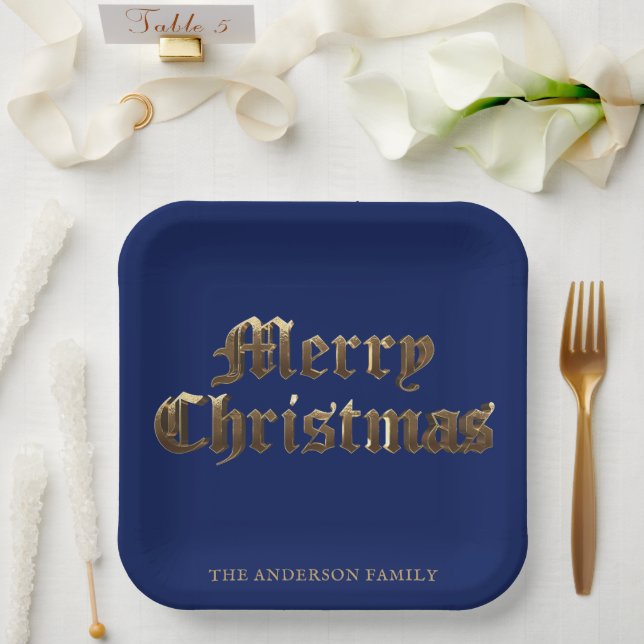 Elegant Old English Lettering Blue Merry Christmas Paper Plate (Wedding)
