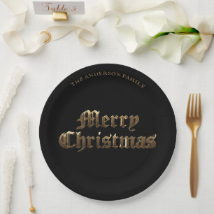 Elegant Old English Lettering Gold Merry Christmas Paper Plate