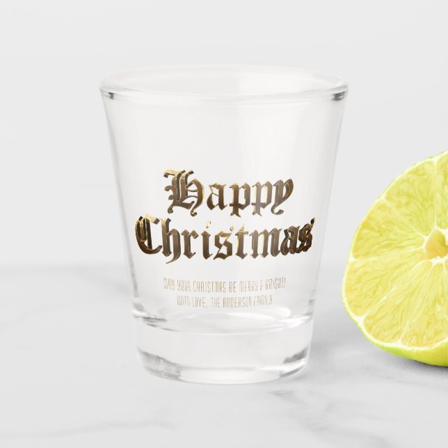 Elegant Old English Lettering Happy Christmas Shot Glass (Front)