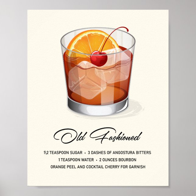 Elegant Old Fashioned Cocktail Recipe Artwork Poster (Front)