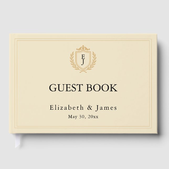 Elegant Old Money Crest - Ivory & Gold Wedding Guest Book (Front)