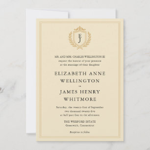 Elegant Old Money Crest - Ivory & Gold Wedding Invitation