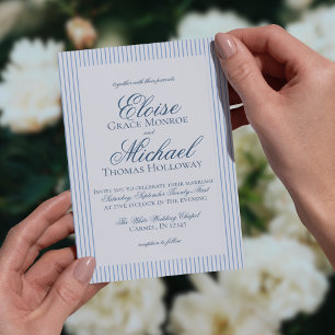 Elegant Old Money Script Blue Stripe Wedding Invitation