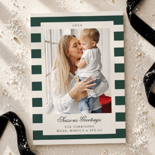 Elegant Old Money Script Green Cabana Stripe Photo Holiday Card