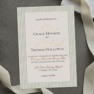 Elegant Old Money Script Green Stripe Wedding