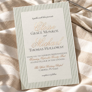 Elegant Old Money Script Green Stripe Wedding