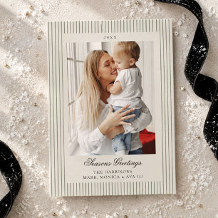 Elegant Old Money Script Sage Green Stripe Photo Holiday Card