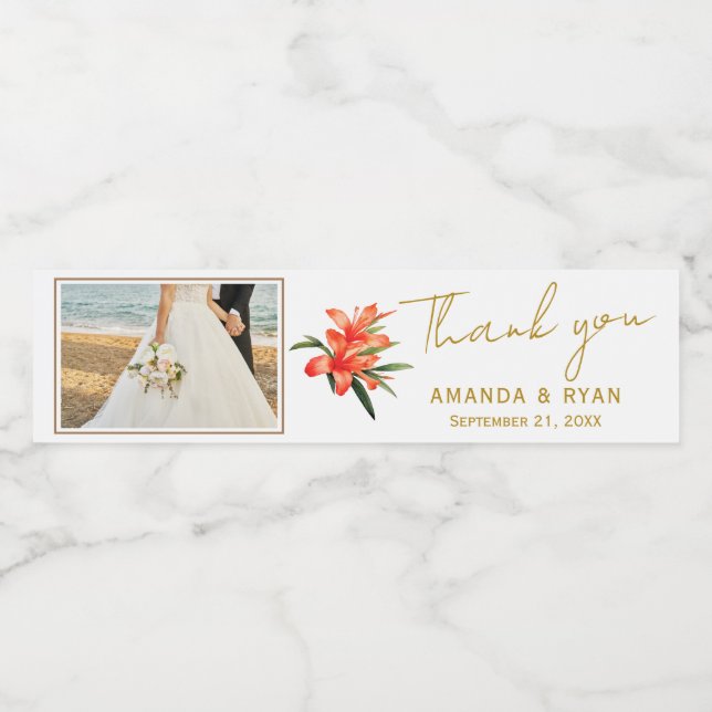 Elegant Oleander Thank you Wedding Photo Water Bottle Label (Single Label)