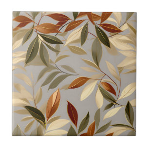 Elegant Olive and Gold Leaves Pattern Ceramic Tile