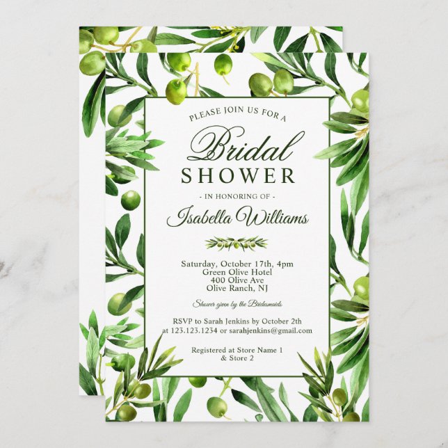 Elegant Olive Boho Garden Bridal Shower Invitation (Front/Back)