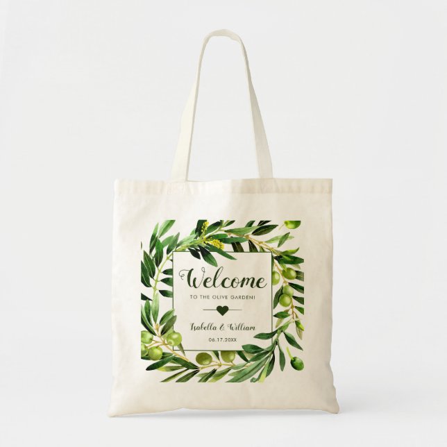 Elegant Olive Boho Garden Wedding Welcome Favour Tote Bag (Front)