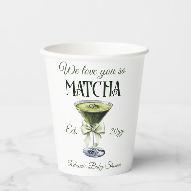 Elegant Olive Bow Love You So Matcha Baby Shower Paper Cups (Front)
