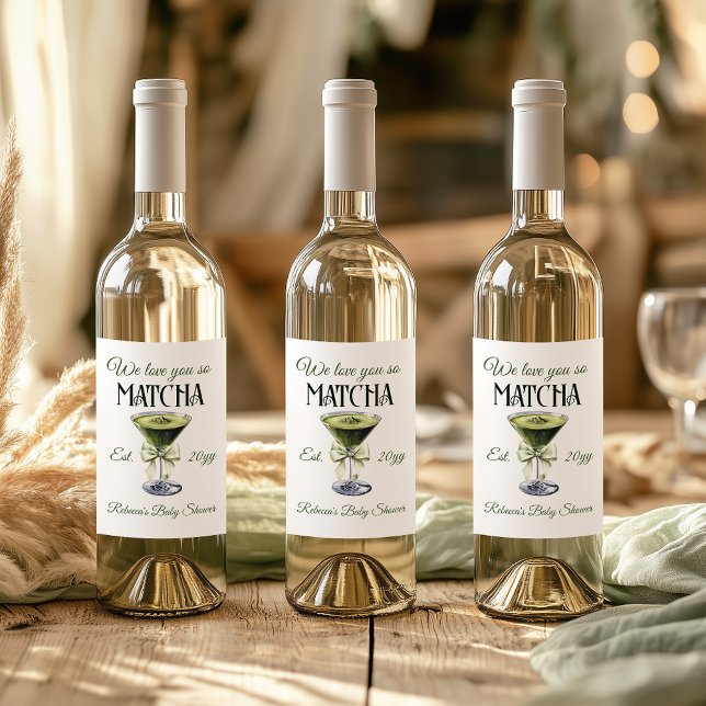 Elegant Olive Bow Love You So Matcha Baby Shower Wine Label (Creator Uploaded)