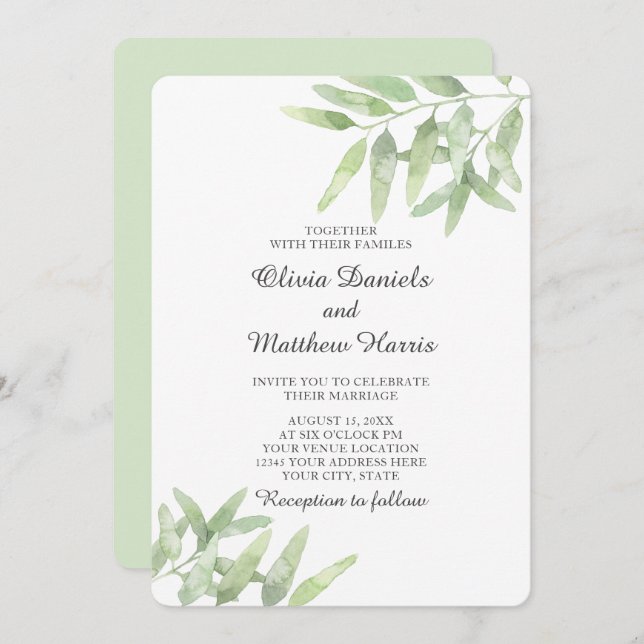 Elegant Olive Branch. Botanical simple wedding Invitation (Front/Back)