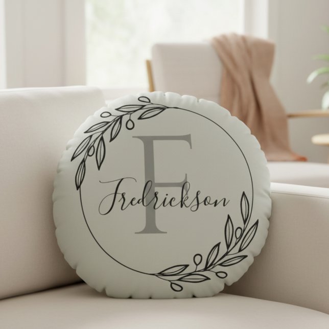 Elegant Olive Branch Monogram Script Family Name Round Cushion (Realtor Closing Gift - Monogram Wreath Pillow)