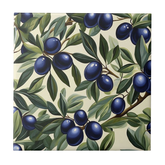 Elegant Olive Branch Pattern with Deep Blue Olives Ceramic Tile (Front)