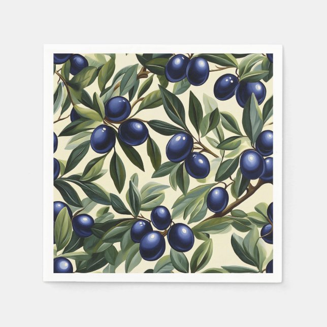 Elegant Olive Branch Pattern with Deep Blue Olives Napkin (Front)