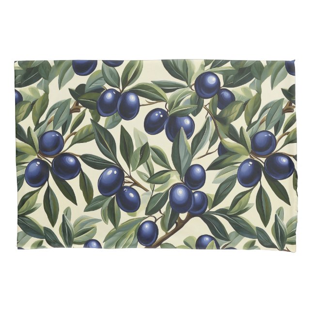 Elegant Olive Branch Pattern with Deep Blue Olives Pillowcase (Front)