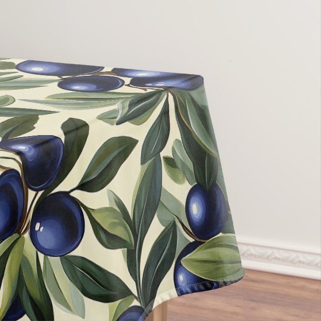 Elegant Olive Branch Pattern with Deep Blue Olives Tablecloth (In Situ)