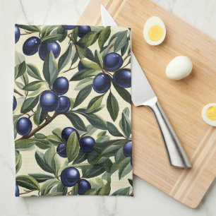 Elegant Olive Branch Pattern with Deep Blue Olives Tea Towel